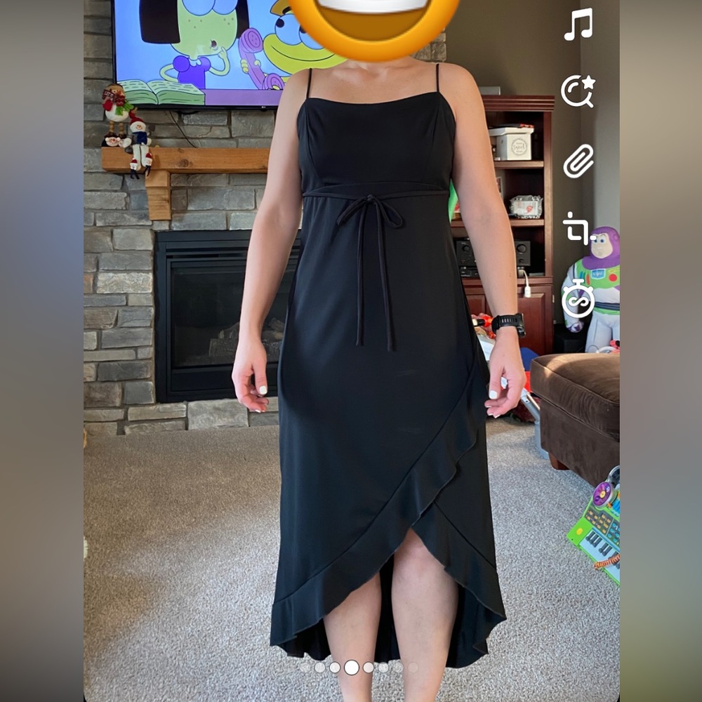 Black polyester high low, spaghetti strap, ruffle dress, juniors dress, size 13